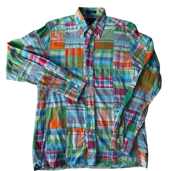 GANT Patchwork Madras Plaid Shirt Men's Large Slim Fit Button Down Cotton - Picture 2 of 9